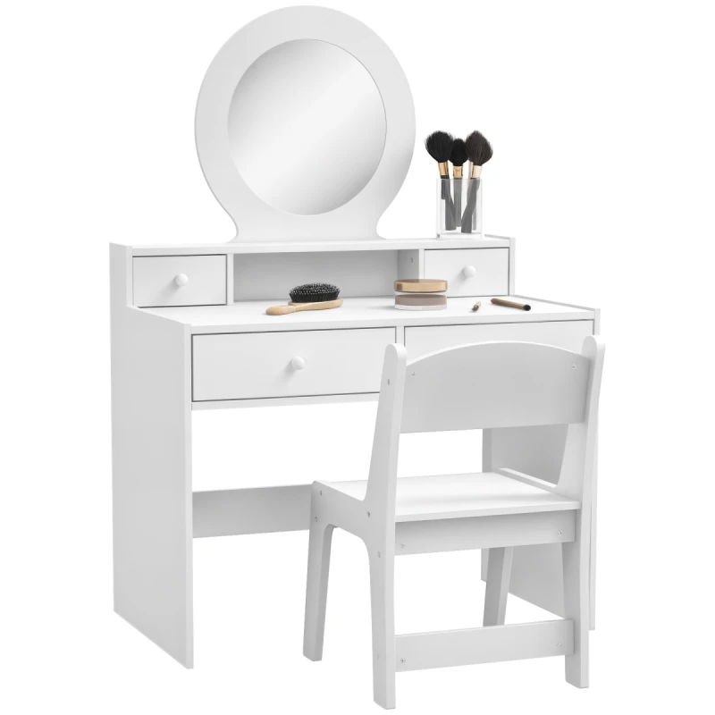 Image of AIYAPLAY Kids Dressing Table Set w/ Stool, Mirror, Drawers - White 316-019V80WT