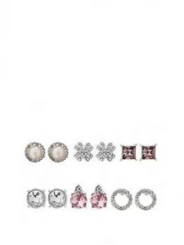 Image of Mood Silver Plated Pearl Crystal Stud Earrings - Pack Of 6