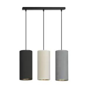 Image of Bente Black Bar Pendant Ceiling Light with Black, Gray, White Fabric Shades, 3x E14