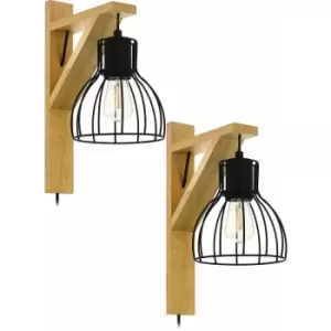 Image of 2 PACK LED Wall Light / Sconce Natural Wood & Black Wire Hangman 1x 40W E27