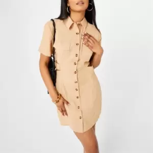 Image of Missguided Cut Out Utility Shirt Dress - Beige