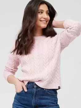 Image of Superdry Dropped Shoulder Cable Crew Neck Jumper - Pink, Size 8, Women