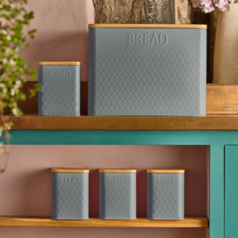 Image of Cooks Professional 5 Piece Tea, Coffee, Sugar, Biscuit & Bread Square Cannister Set With Bamboo Lids & Diamond Pattern - Dark Grey