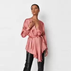 Image of Missguided Plunge Tie Waist Blouse Satin - Pink