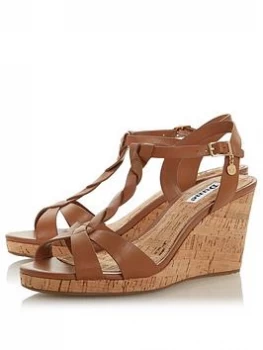 Image of Dune Tan Leather 'Wf Koala' High Wedge Heel Wide Fit T-Bar Sandals - 3