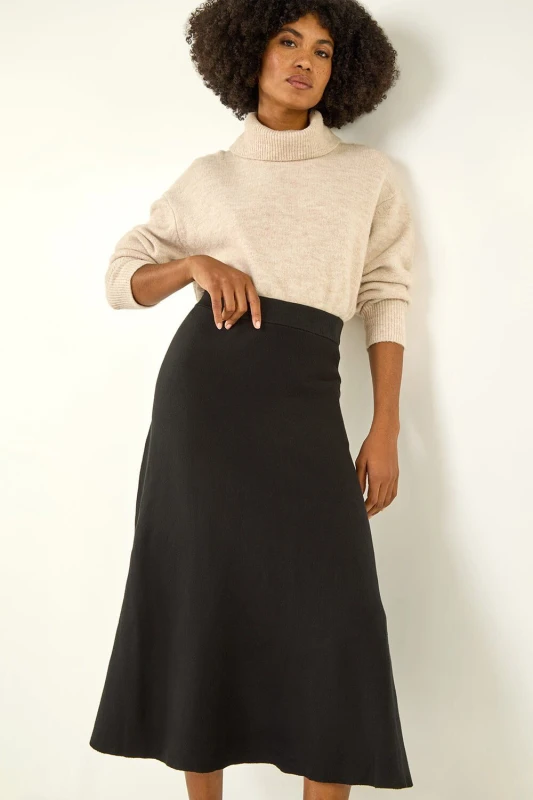 Image of Roman Womens Plain Elastic Waist Knitted A Line Midi Skirt in Black Size: 12 Black Female 12