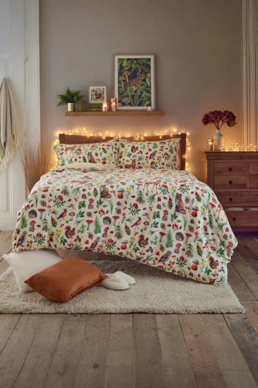 Image of Deyongs Deyongs Autumn Animals Fleece Duvet Cover Set with Sherpa Reverse - Cosy Woodland Printed Bedding Size: Single Multi Single Unisex 505499014