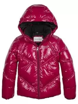 Image of Calvin Klein Jeans Girls Cuts Seams Quilted Shiny Jacket - Berry Size 10 Years, Women