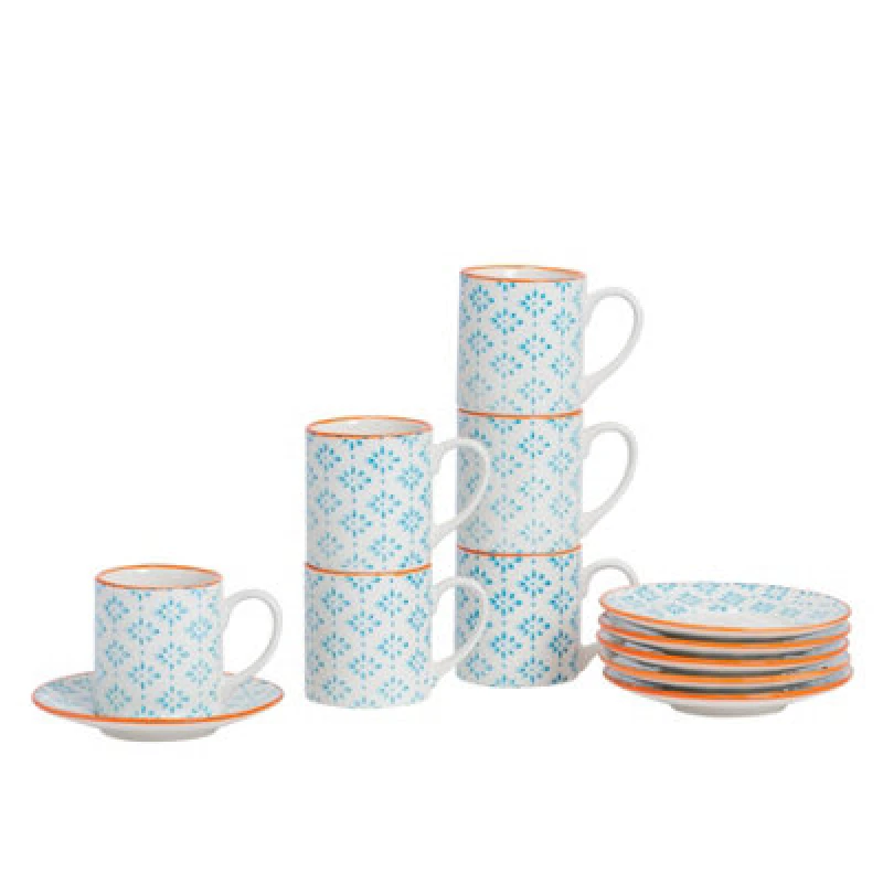 Image of Nicola Spring 12 Piece Hand-Printed Espresso Cup & Saucer Set - 65ml - Blue