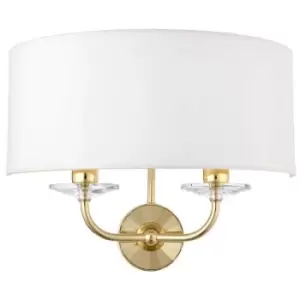 Image of Dimmable Twin Wall Light Brass Glass White Fabric Shade Curved Arm Lamp Fitting