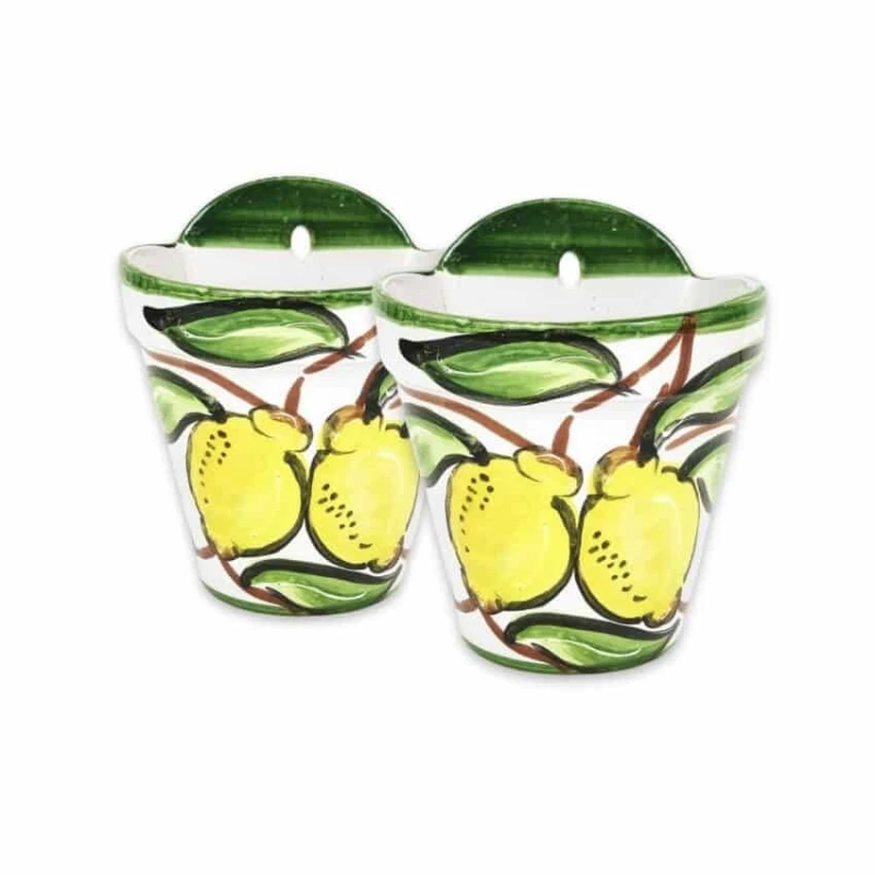 Image of Verano Spanish Ceramics Lemons Hand Painted Set of 2 Outdoor Garden Patio Hanging Plant Pots (D) 22cm Multicolor Unisex