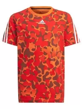 Image of adidas Future Icons Junior Boys 3 Stripe All Over Print T-Shirt Ss, Dark Orange, Size 13-14 Years