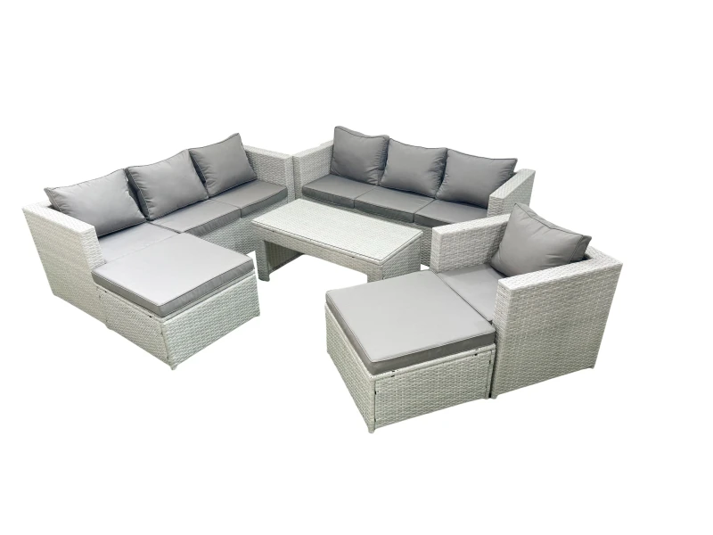 Image of Fimous Wicker PE Rattan Sofa Garden Furniture Set with Oblong Coffee Table Armchair 2 Big Footstools Light Grey Mixed Light Grey