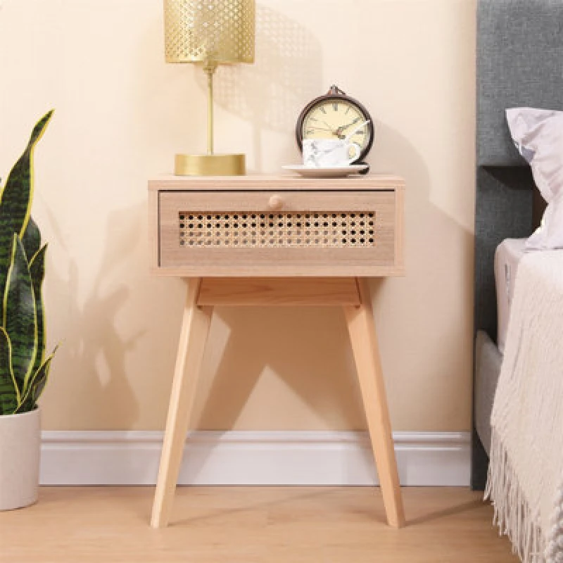Image of Furniturehmd One Drawer Bedside Table,ratten Front,pine Wood Legs,wooden Bedroom Cabinet,side Table,storage Nightstand