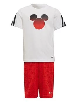 Image of adidas Younger Unisex Mickey Mouse Short & T-Shirt Set - White/Red/Black, White/Red/Black, Size 3-4 Years, Women