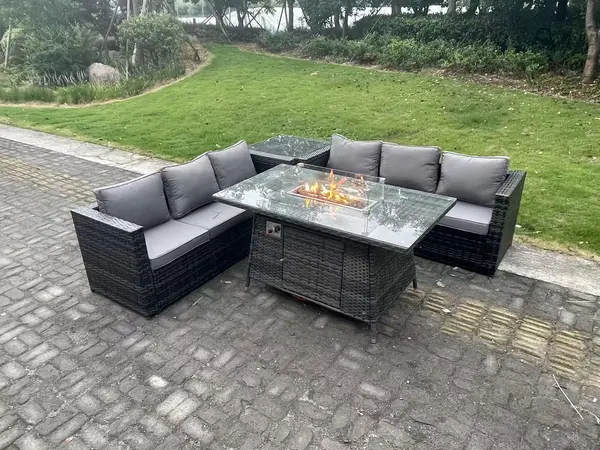 Image of Fimous 6 Seater Outdoor Dark Grey Rattan Lounge Complete Sofa Set with Gas Fire Pit Dining Table, Gas Heater, and Side Table