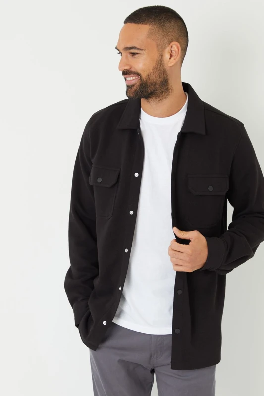 Image of Threadbare Cotton Blend Popper Fastening Pique Shacket Black