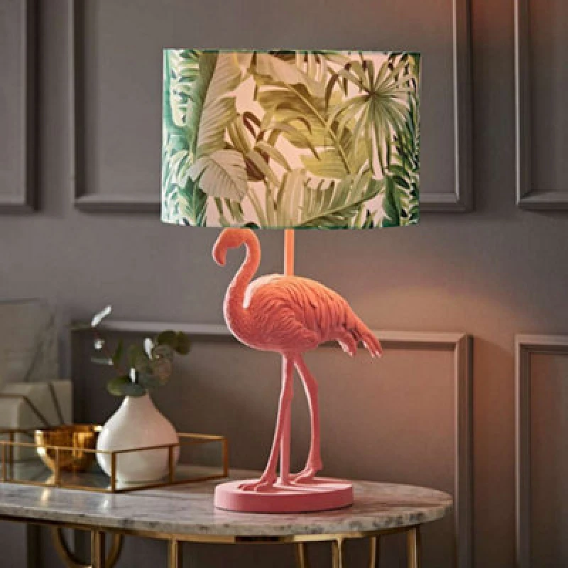 Image of ValueLights Flo Pink Velvet Flamingo Bird Table Lamp With Tropical Palm Leaf Shade Pink