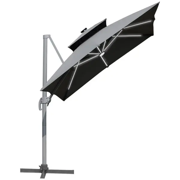 Image of Outsunny 3M Cantilever Parasol LED Patio Umbrella For Lawn Beach Poolside - Grey 84D-184CG