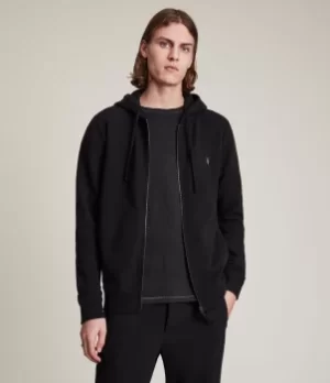 Image of AllSaints Mens Cotton Slim Fit Raven Zip Hoodie, Black, Size: XS
