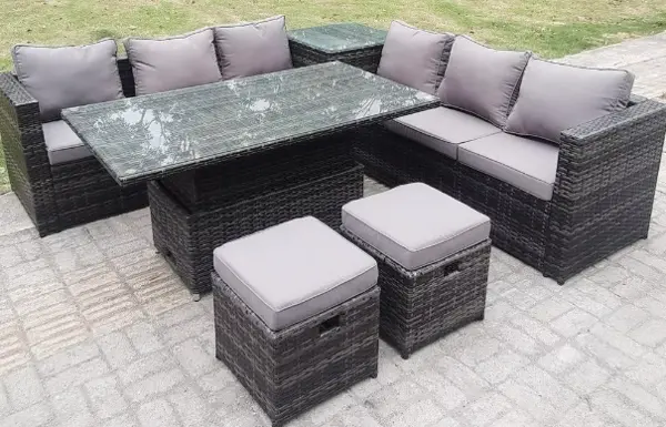 Image of Fimous 6 Seater Outdoor Dark Grey Mixed Wicker Rattan Lounge Complete Sofa Set with Rising Table and 2 Stools