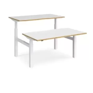 Image of Height Adjustable Desk Back To Back Rectangular Desks 1400mm White/Oak Tops With White Frames Elev8 Touch