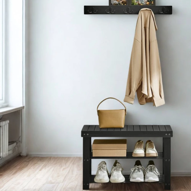 Image of Pirlo Plush 3 Tier Bamboo Shoe Bench Rack with Coat Hooks in Black Unisex