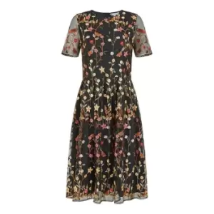 Image of Yumi Black Embroidered Floral Skater Dress - Black