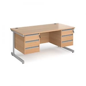 Image of Dams International Straight Desk with Beech Coloured MFC Top and Silver Frame Cantilever Legs and 2 x 3 Lockable Drawer Pedestals Contract 25 1600 x 8