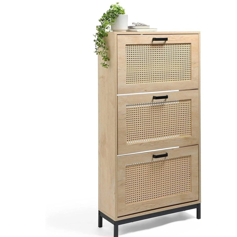 Image of VonHaus Lena Rattan Shoe Storage Cabinet Beige unisex One Size