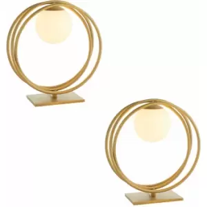 Image of 2 pack Brushed Gold Table Lamp - Gloss Opal Glass Shade - Circular Hoop Design
