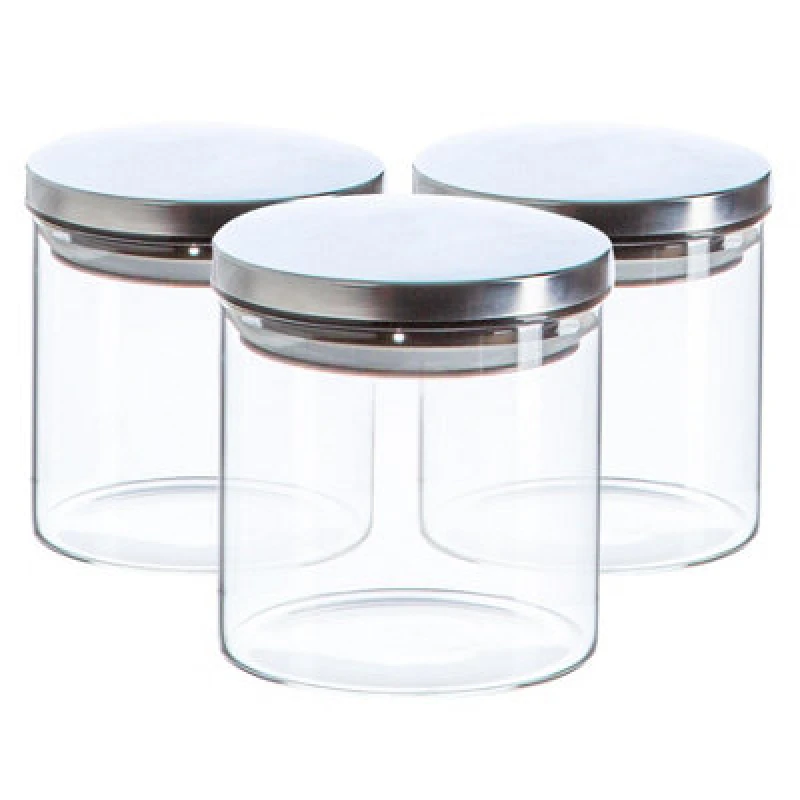 Image of Argon Tableware Glass Storage Jars - Silver Lid - 550Ml - Modern Round Scandi Organisation Container Glass Jar - Set Of 3