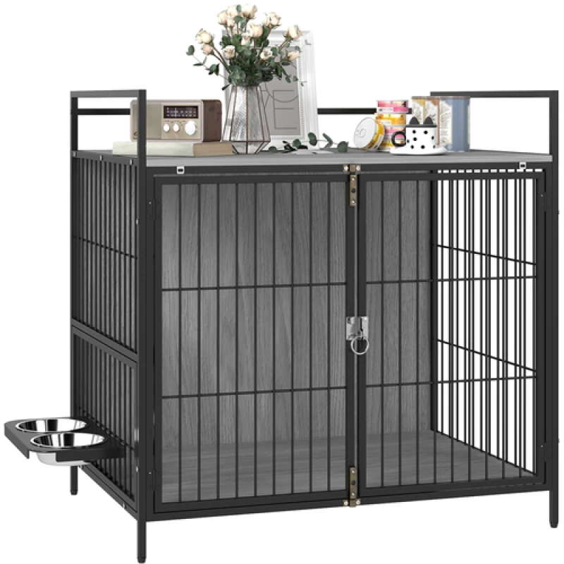 Image of PawHut Dog Crate Furniture with 2 Rotatable Bowls, Heavy Duty Dog Crate with 2 Anti-Escape Doors, Storage Shelf, for Medium Dogs, 80 x 56 x 76.5 cm, G