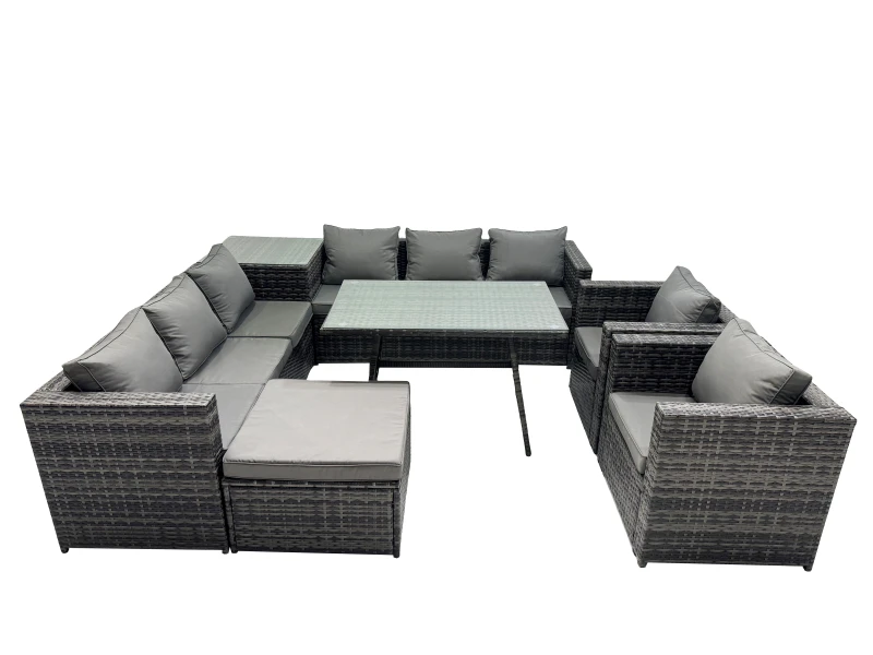 Image of Fimous Garden Rattan Furniture Set 9 Seater with Big Stool Side Table in Dark Grey Dark Grey Unisex