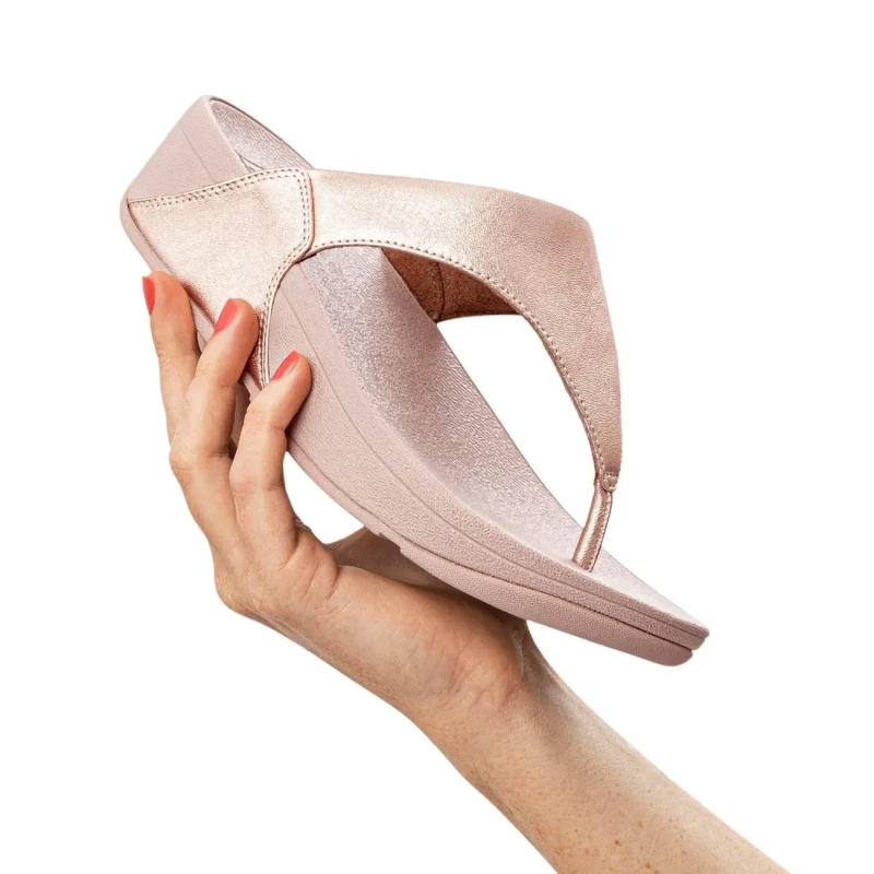 Image of FitFlop Lulu Toe Post Leather Womens Wedge Sole Sandals - Rose Gold - Size:UK 8