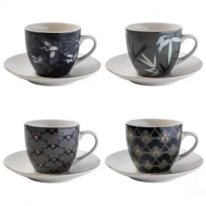 Image of Set of 4 Tea Cups and Saucers in Oriental Heron Design with Gold Rim in Gift Box