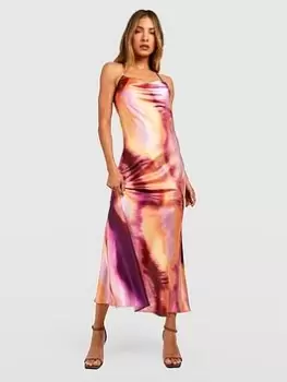 Image of Boohoo Abstract Satin Cowl Slip Dress - Multi, Size 10, Women