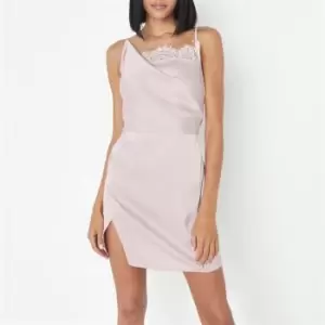 Image of Missguided Cowl Neck Asymmetric Lace Slip Mini Dress - Pink