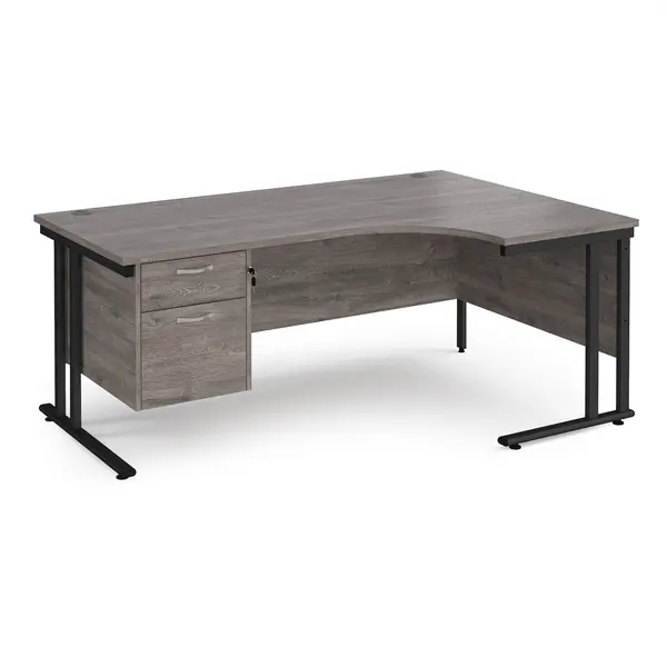 Image of Maestro 25 right hand ergonomic desk 1800mm wide with 2 drawer pedestal - Black cantilever leg frame, grey oak top