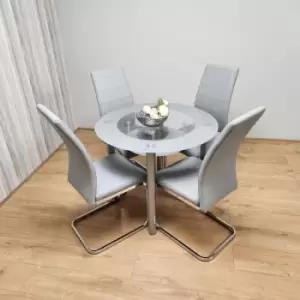 Image of Round Glass Grey Kitchen Dining Table With Storage Shelf And 4 Grey Faux Leather Padded Chairs Kitchen Dining Room Set