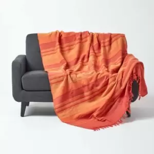 Image of Cotton Morocco Striped Terracotta Throw, 225 x 255cm - Orange - Homescapes
