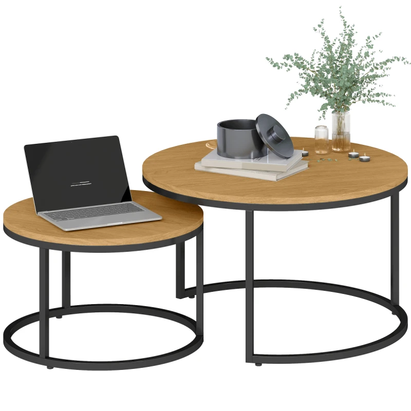 Image of HOMCOM 2 Pcs Stacking Coffee Table Set with Steel Frame, Brown Wood Effect, Brown 833-873V80BN