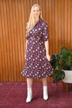 Image of Burgundy Ditsy Daisy Pleated Midi Dress With Gold Buckle Belt