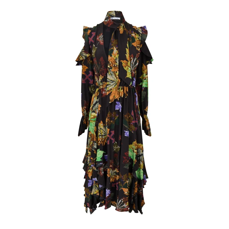 Image of Off White Womens Leaves Romantic Maxi Dress, Romantic Style Black Multi female 8 (XS)