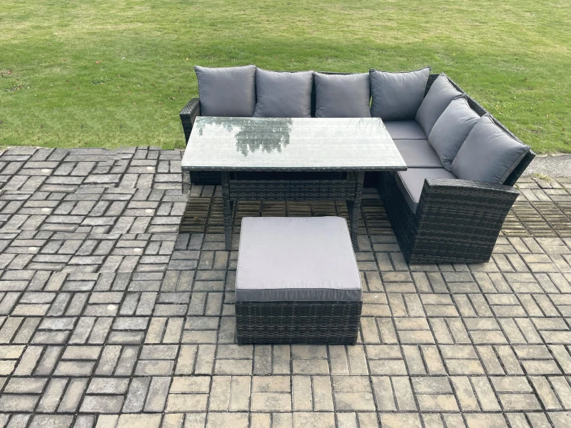 Image of Fimous 7 Seater Garden Rattan Furniture Corner Sofa Dining Table Set with Big Footstool Indoor Outdoor Lounge Sofa Set in Dark Grey Dark Grey Unisex