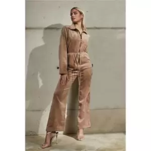Image of I Saw It First Camel Cord Zip Front Tie Waist Jumpsuit - Brown