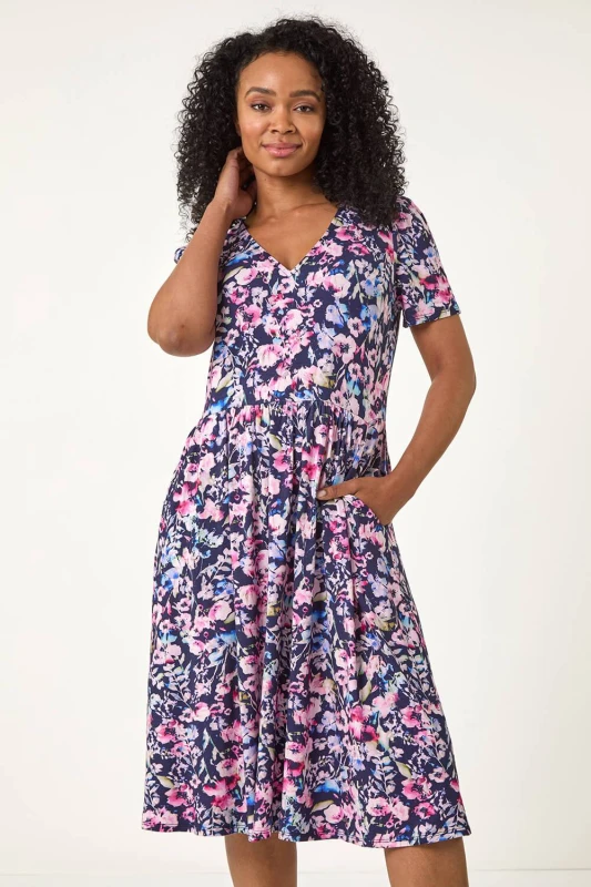 Image of Roman Womens Petite Floral Pocket Midi Dress in Navy Size: 16 Navy Female 16