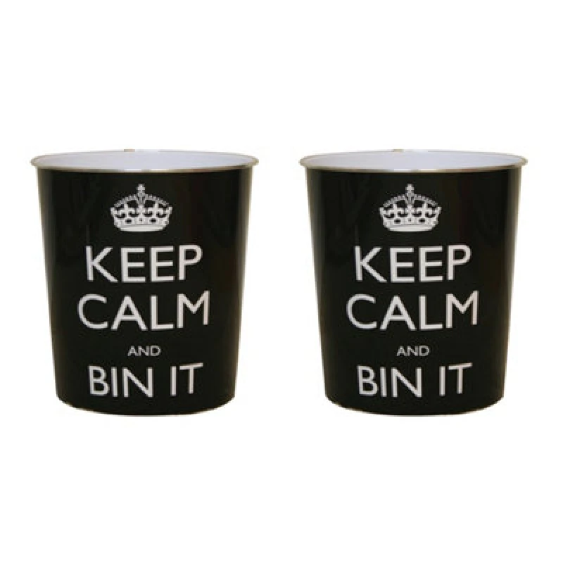 Image of JVL Keep Calm Plastic Waste Paper Bins - Set of 2 Black