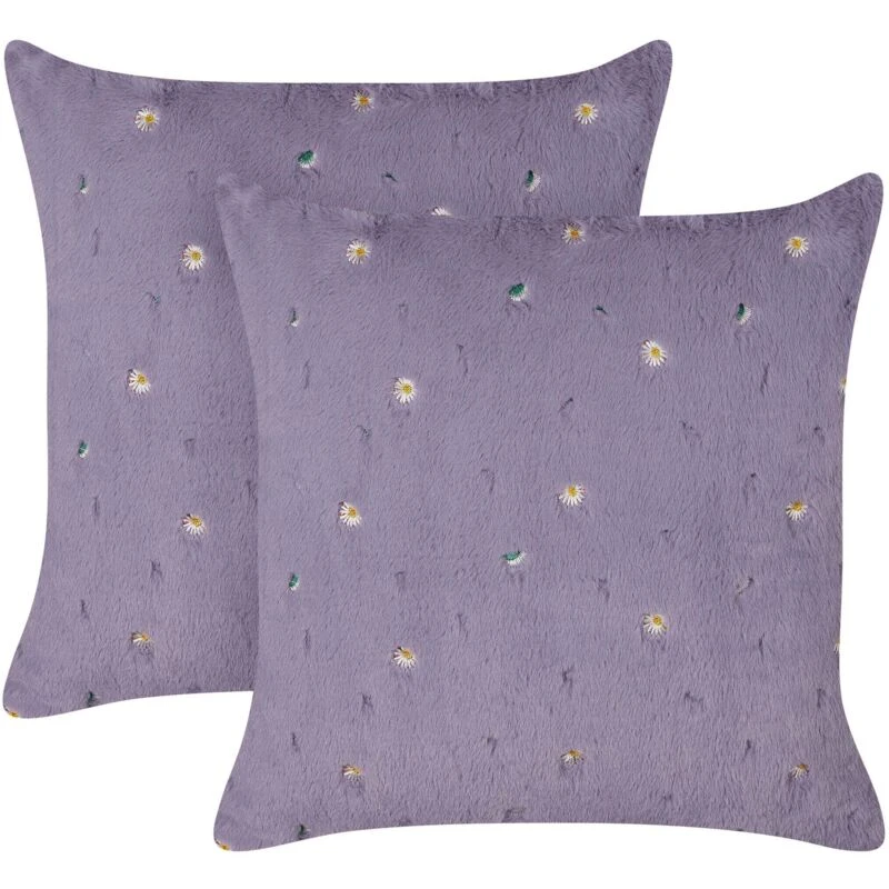 Image of Beliani Set Of 2 Decorative Cushions Lavatera 45 X 45cm Violet Floral Pattern