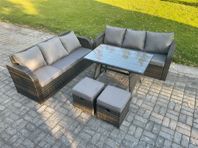 Image of Fimous 8 Seater Garden Furniture Sofa Set Rectangular Dining Table 2 Small Footstool Indoor Outdoor Rattan Set Dark Grey Mixed Dark Grey